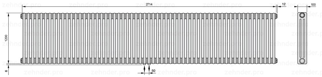 Схема (чертеж) Радиатор Zehnder Charleston 3120/59 №3470 Белый глянцевый RAL 9016